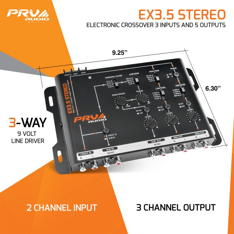 PRV Audio EX3.5 Stereo 9V RMS 2/4 RCA Input Signal 3-Way Electronic Crossover